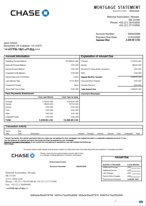 Download USA Chase mortgage statement in Word and PDF formats Photoshop template